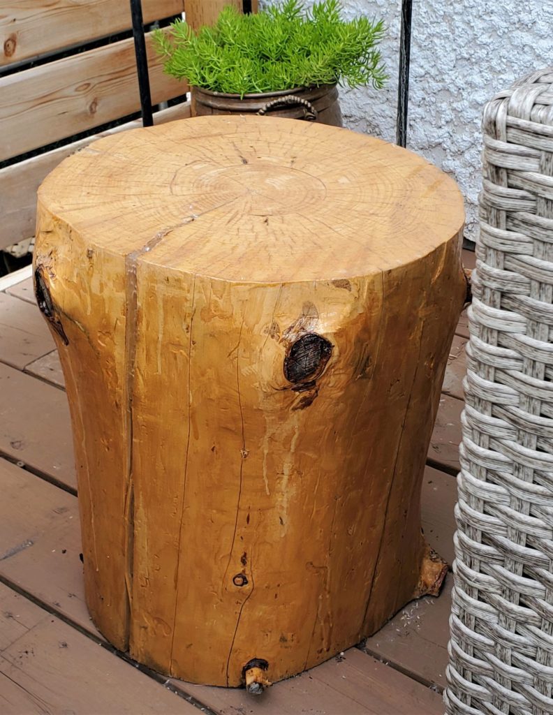 Epoxied wooden stump is used as outdoor decor. 