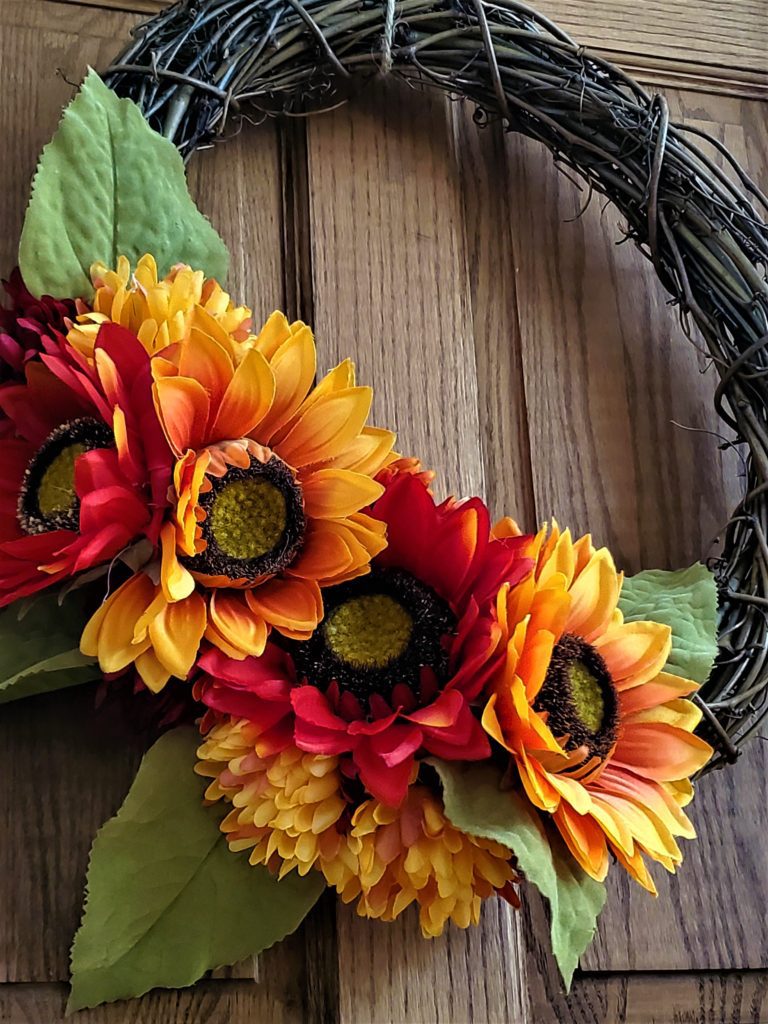 Sunflower wreath made from fall thrifting.