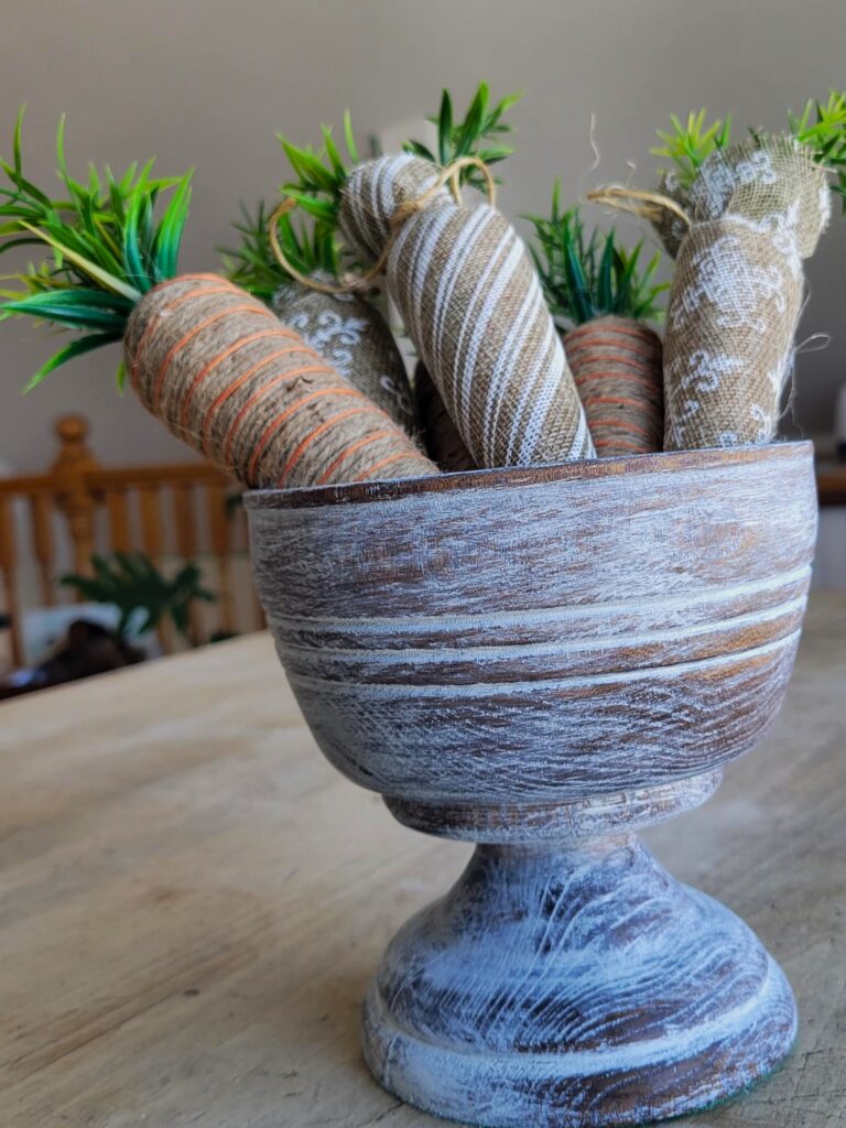 Upcycled Easter decorations fabric carrots in wood cup