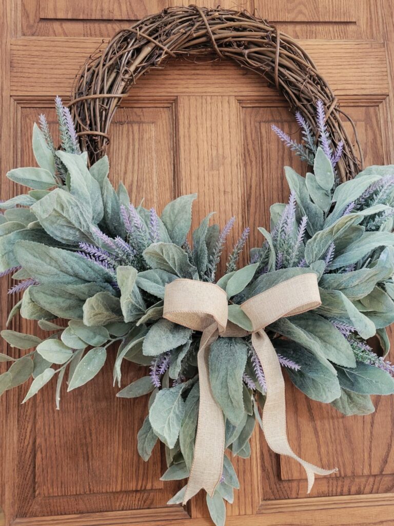 Finished lavender and lambs ear spring wreath DIY
