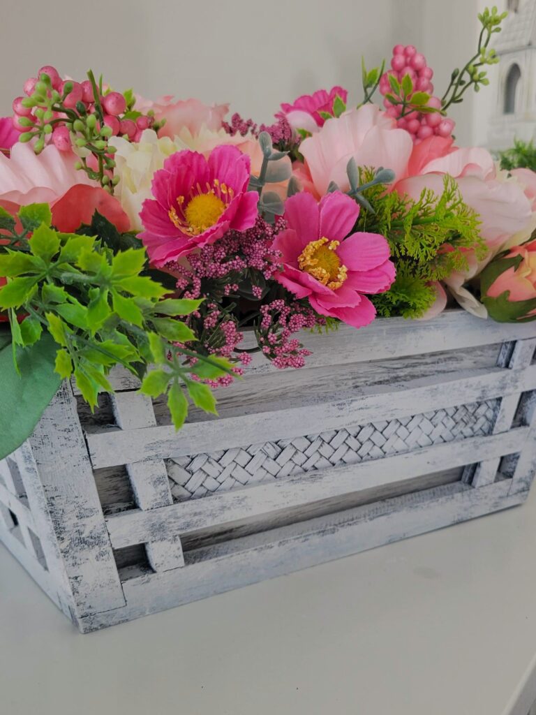 Wooden crate and faux spring floral arrangement