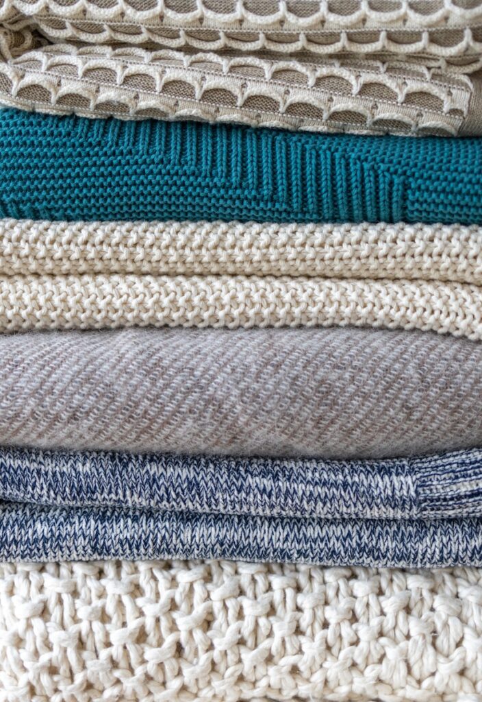 Textured blue and white blankets 