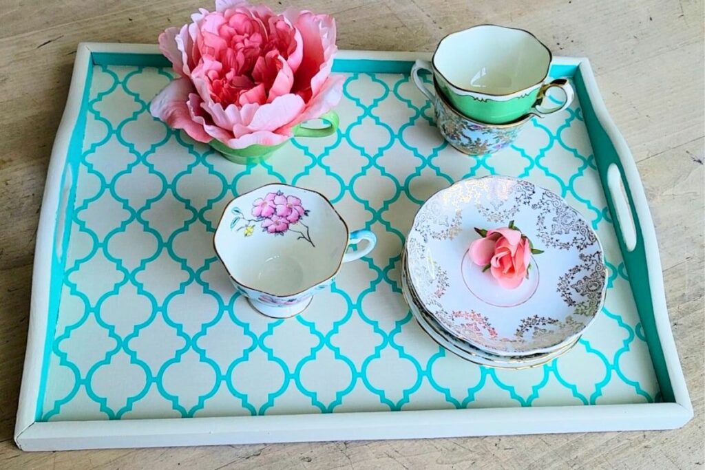DIY serving tray with china cups and plates. 