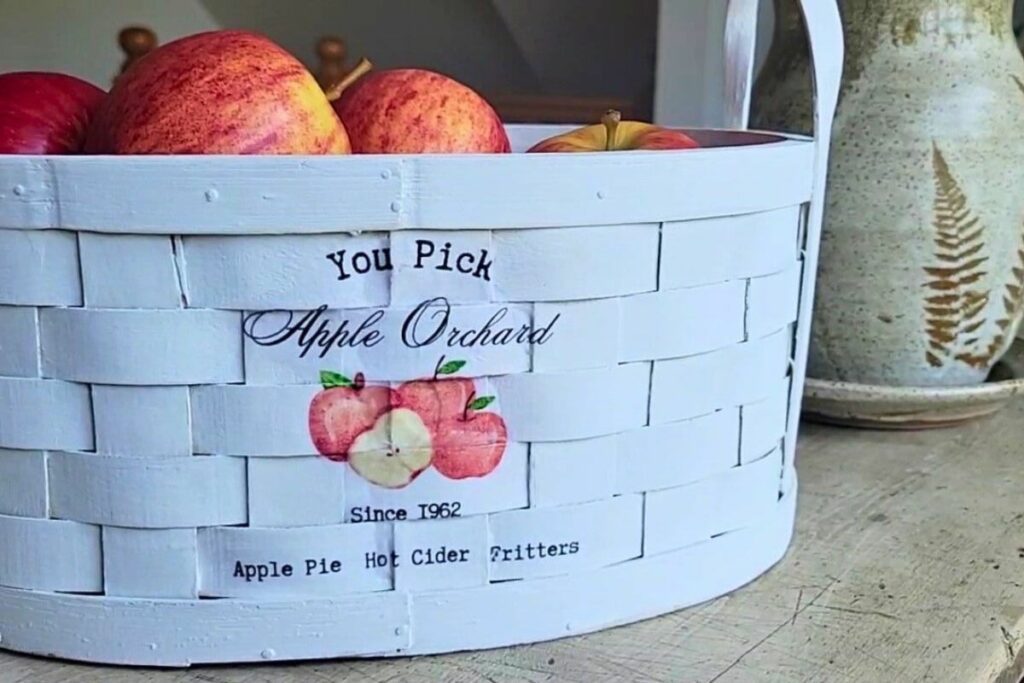 White whicker basket with apple image
